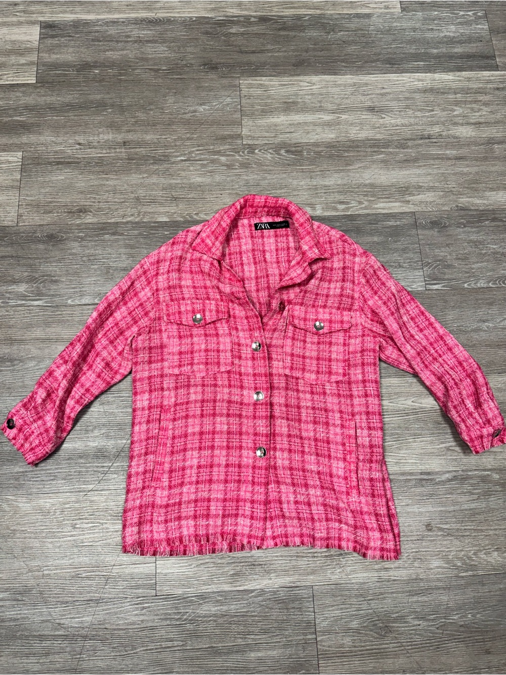 Zara Hot Pink Plaid Button-Down Shirt Jacket